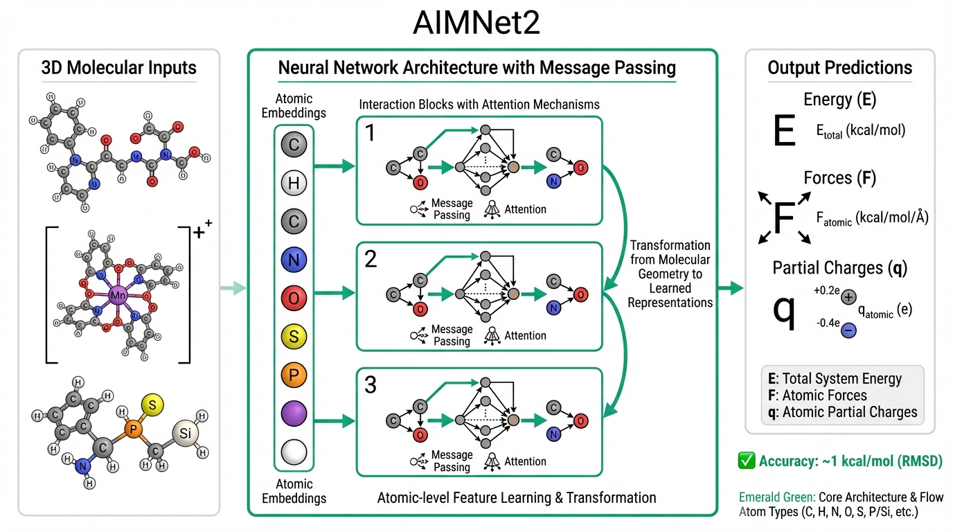 AIMNet2 neural network architecture showing molecular input, message passing layers, and property predictions