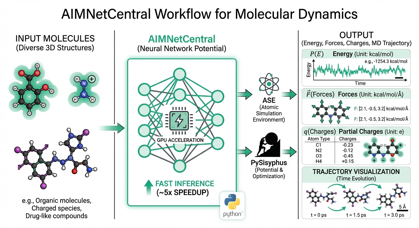 AIMNetCentral software workflow showing molecular input, neural network inference, and simulation outputs