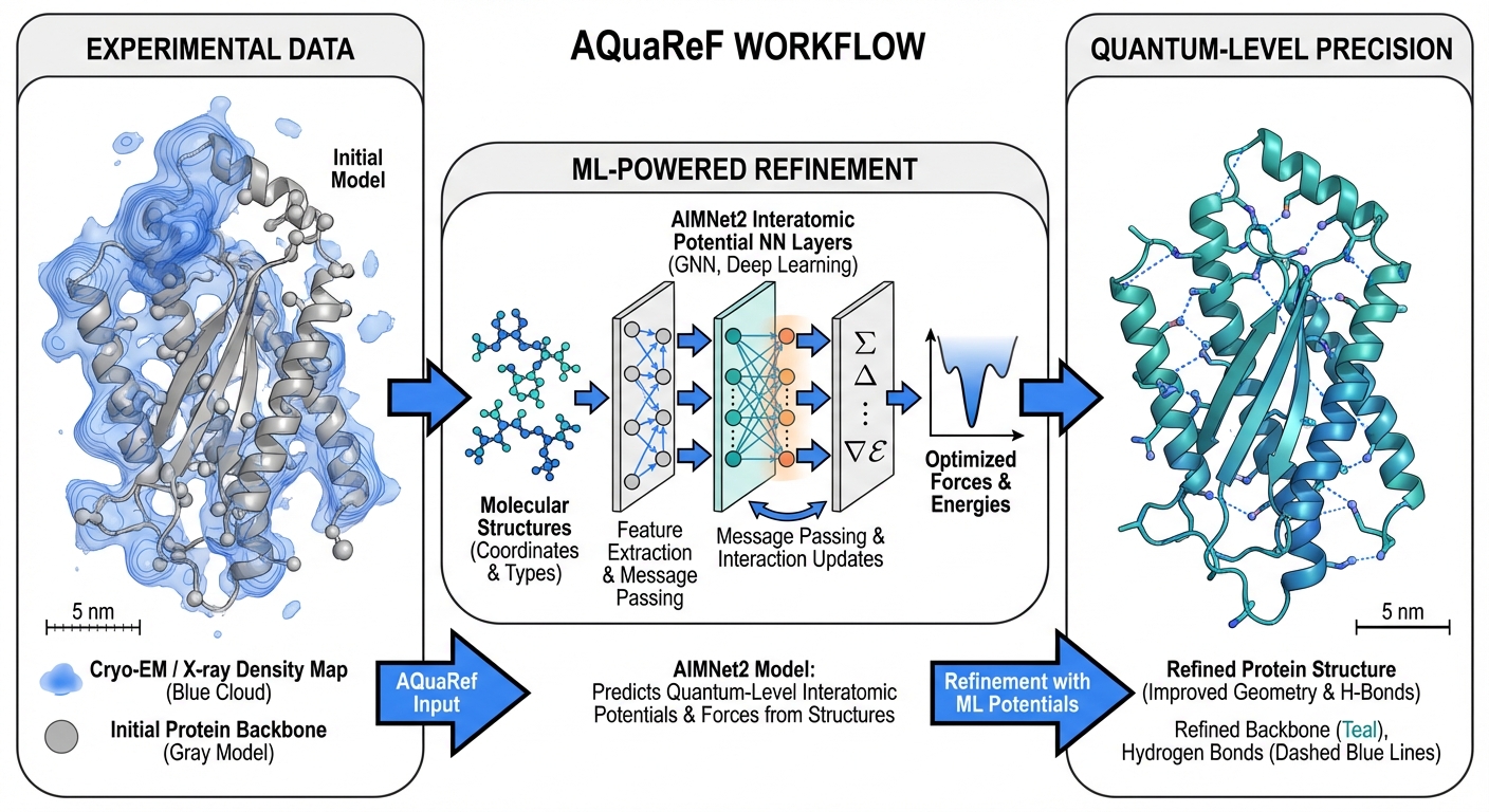 AQuaRef workflow showing experimental data input, AIMNet2 neural network processing, and refined protein structure output